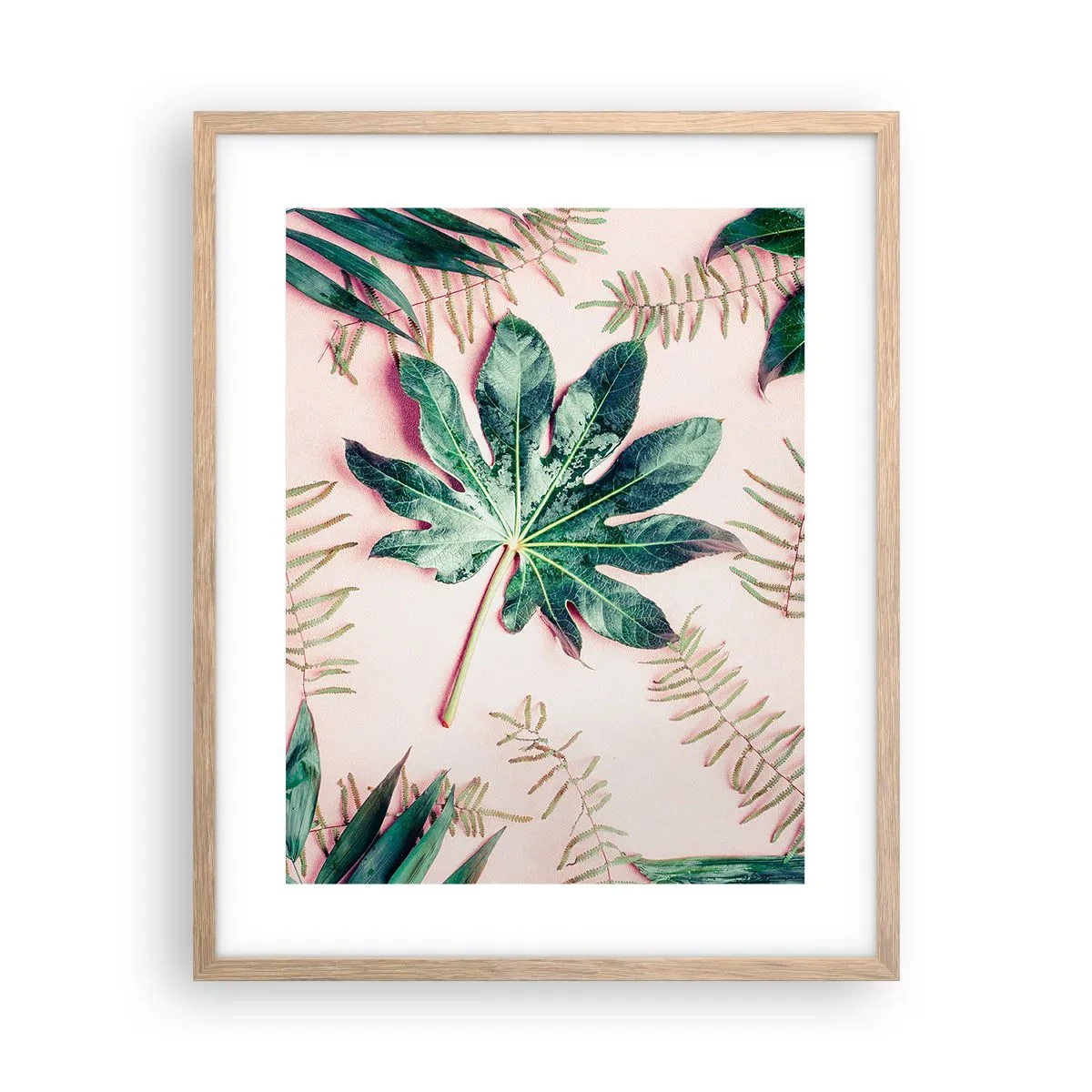 Poster in einem Rahmen aus heller Eiche - Eine Studie von Grün auf einem rosa Hintergrund - 40x50 cm