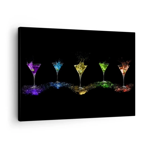 Bild auf Leinwand - Leinwandbild - Bunte Cocktails in Gläsern auf schwarzem Hintergrund - 70x50cm - Farben der Freude in Kristallglas - Moderne Wanddekoration für Wohnzimmer und Schlafzimmer ARTTOR