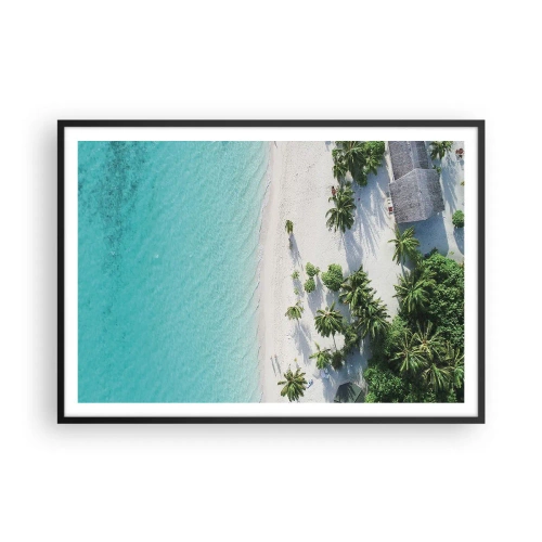 Poster in einem schwarzem Rahmen - Eine Vogelperspektive auf einen tropischen Strand mit türkisfarbenem Wasser und Palmen - 100x70cm - Urlaub im Paradies - Moderne Wanddekoration für Wohnzimmer und Schlafzimmer ARTTOR