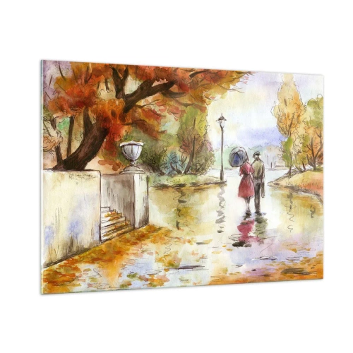 Glasbild - Bild auf glas - Herbstspaziergang eines Paares durch einen Park mit bunten Blättern - 100x70cm - Romantischer Herbst im Park - Moderne Wanddekoration für Wohnzimmer und Schlafzimmer ARTTOR