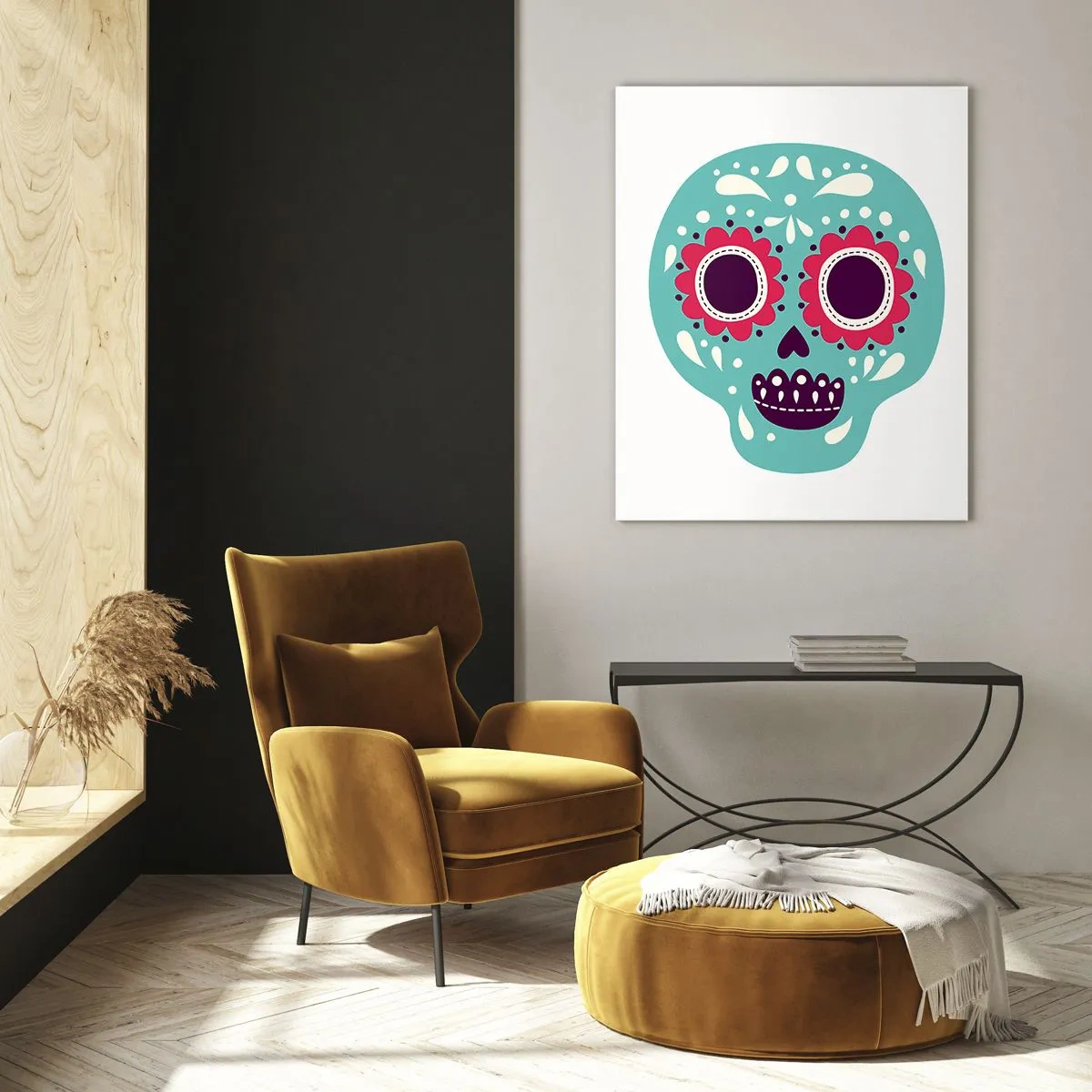Glasbild - Bild auf glas - Ein bunter Totenkopf mit Mustern auf hellem Hintergrund - 50x70cm - Das Leben – Spaß bis zum Tod - Moderne Wanddekoration für Wohnzimmer und Schlafzimmer ARTTOR