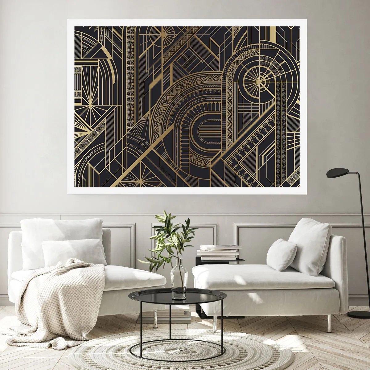 Poster - Goldene geometrische Muster auf schwarzem Hintergrund im Art-Deco-Stil - 100x70cm - Konzepte, Ideen, Pläne - Moderne Wanddekoration für Wohnzimmer und Schlafzimmer ARTTOR