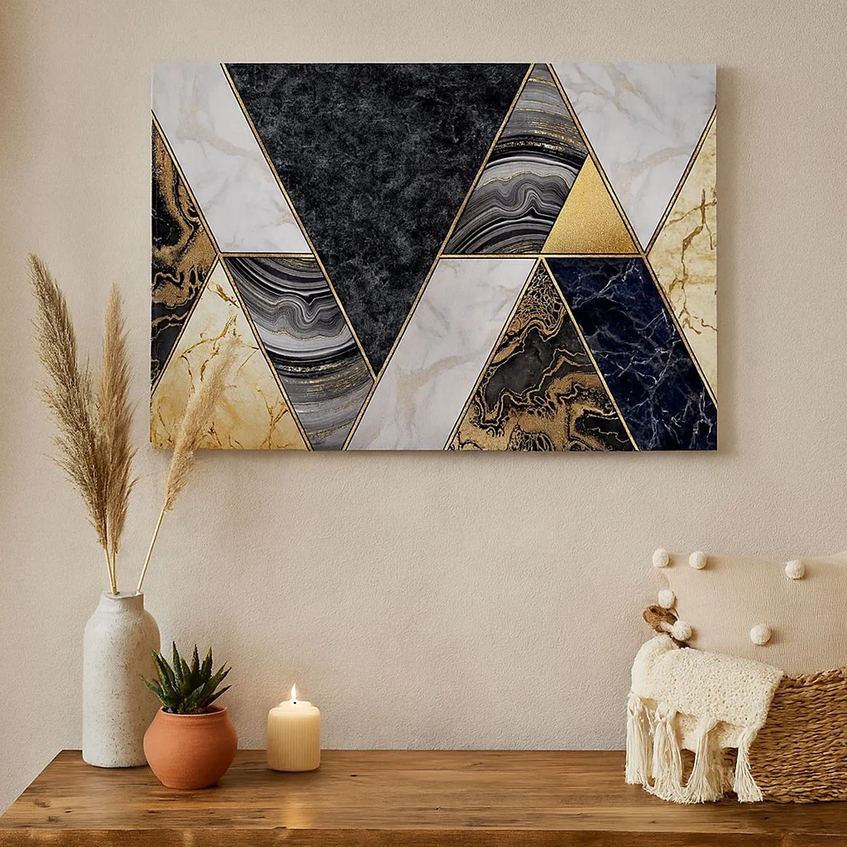 Bild auf Leinwand - Leinwandbild - Geometrische Dreiecke in Gold, Marmor und dunklen Farbtönen - 70x50cm - Stein um Stein - Moderne Wanddekoration für Wohnzimmer und Schlafzimmer ARTTOR