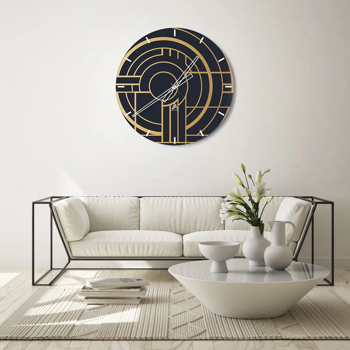 Wanduhr - Glasuhr - Geometrische Komposition in Gold und Schwarz mit konzentrischem Muster - 30x30cm - Wendungen der Dinge - Moderne Wanddekoration für Wohnzimmer, Küche und Schlafzimmer ARTTOR