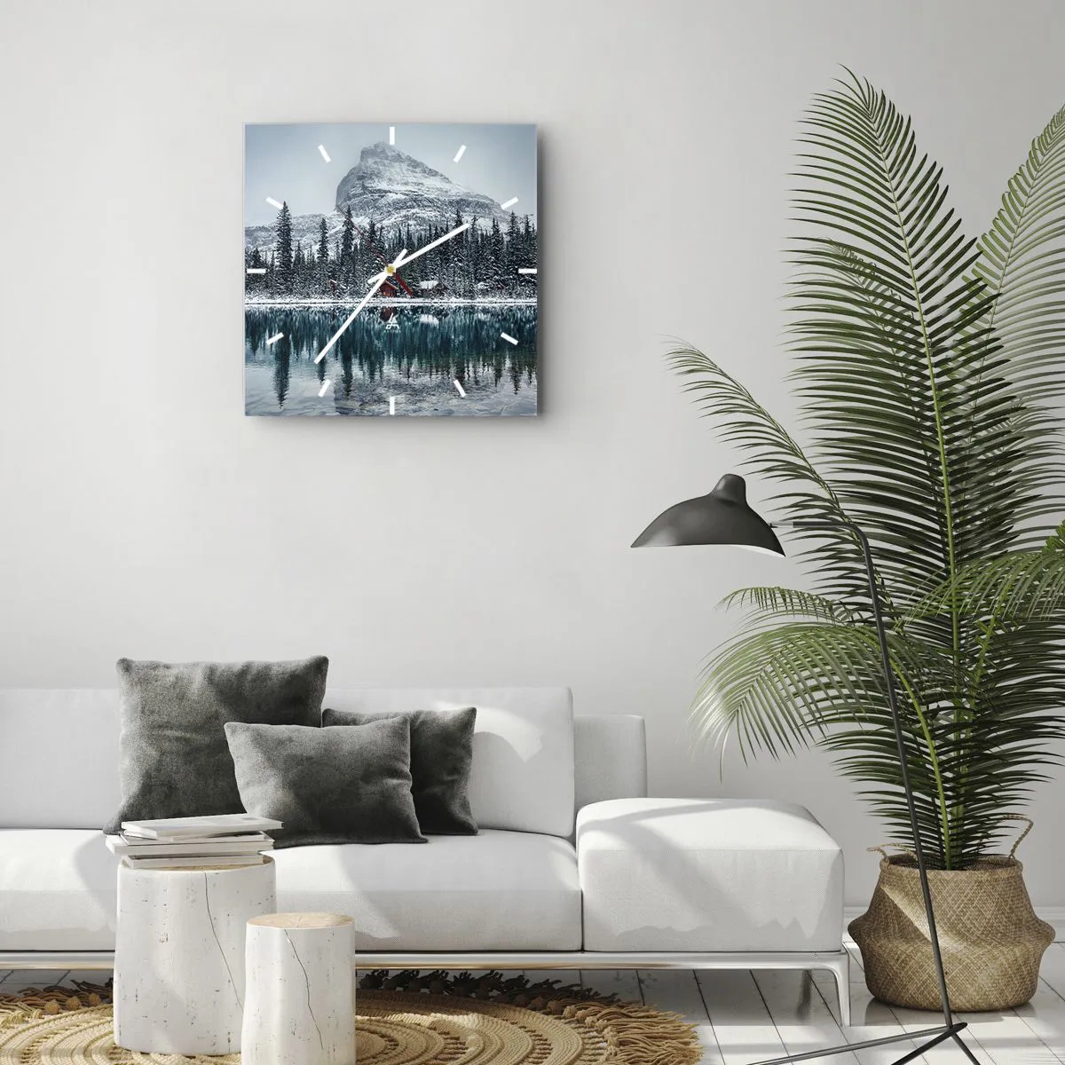 Wanduhr - Glasuhr - Winterlandschaft mit Hütten im Wald an einem zugefrorenen See - 30x30cm - Kanadischer Rückzug - Moderne Wanddekoration für Wohnzimmer und Schlafzimmer ARTTOR