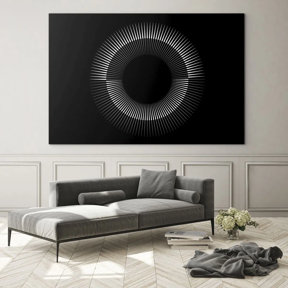 Glasbild - Bild auf glas - Weiße Strahlen bilden einen Kreis auf schwarzem Hintergrund - 70x50cm - Schwarze Sonne - Moderne Wanddekoration für Wohnzimmer und Schlafzimmer ARTTOR