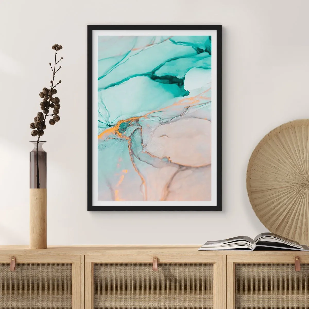 Poster in einem schwarzem Rahmen - Eine abstrakte Komposition in Türkis- und Goldtönen. - 50x70cm - Ein Tanz der Formen und Farben - Moderne Wanddekoration für Wohnzimmer und Schlafzimmer ARTTOR
