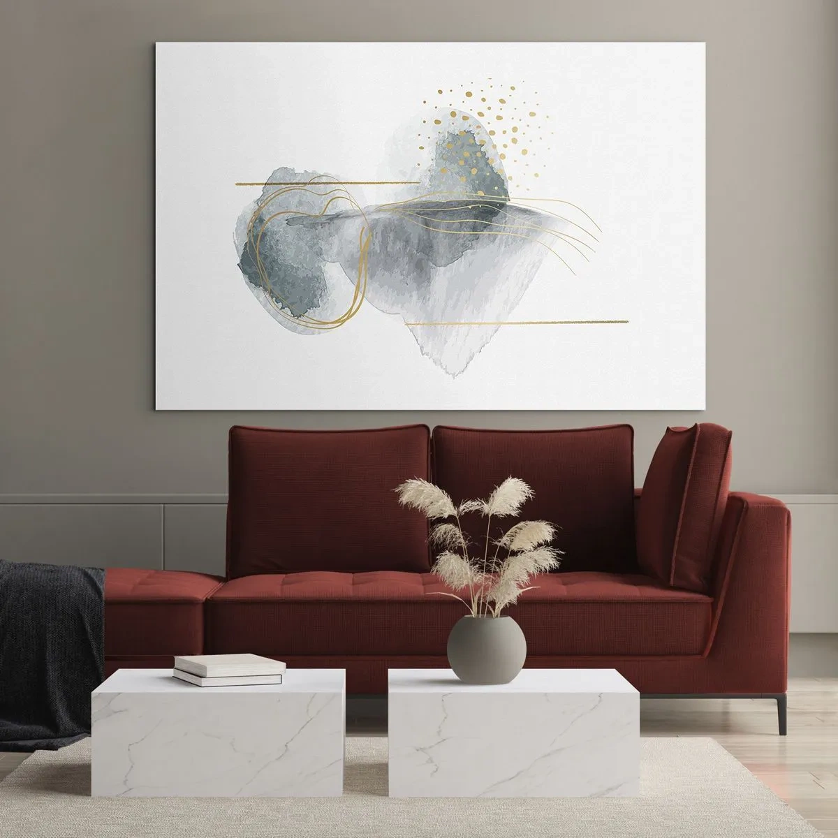 Glasbild - Bild auf glas - Eine abstrakte Komposition aus Grau mit goldenen Akzenten - 70x50cm - Über das Verhältnis von Grau und Gold - Moderne Wanddekoration für Wohnzimmer und Schlafzimmer ARTTOR