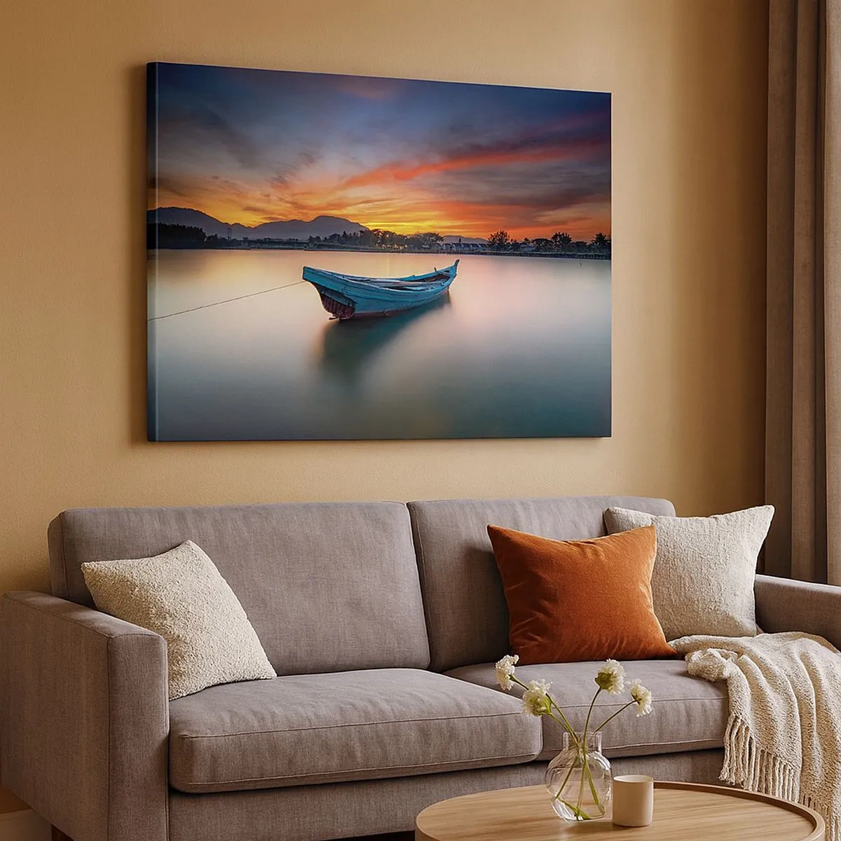 Bild auf Leinwand - Leinwandbild - Ein Boot auf dem Wasser während eines malerischen Sonnenuntergangs - 70x50cm - Eine gute Nacht kommt - Moderne Wanddekoration für Wohnzimmer und Schlafzimmer ARTTOR
