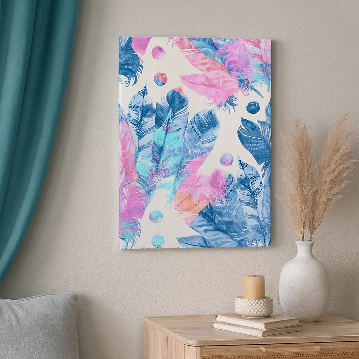 Bild auf Leinwand - Leinwandbild - Abstraktes Muster mit bunten Federn in Pastelltönen - 50x70cm - Pflaumen in Pink und Blau - Moderne Wanddekoration für Wohnzimmer und Schlafzimmer ARTTOR