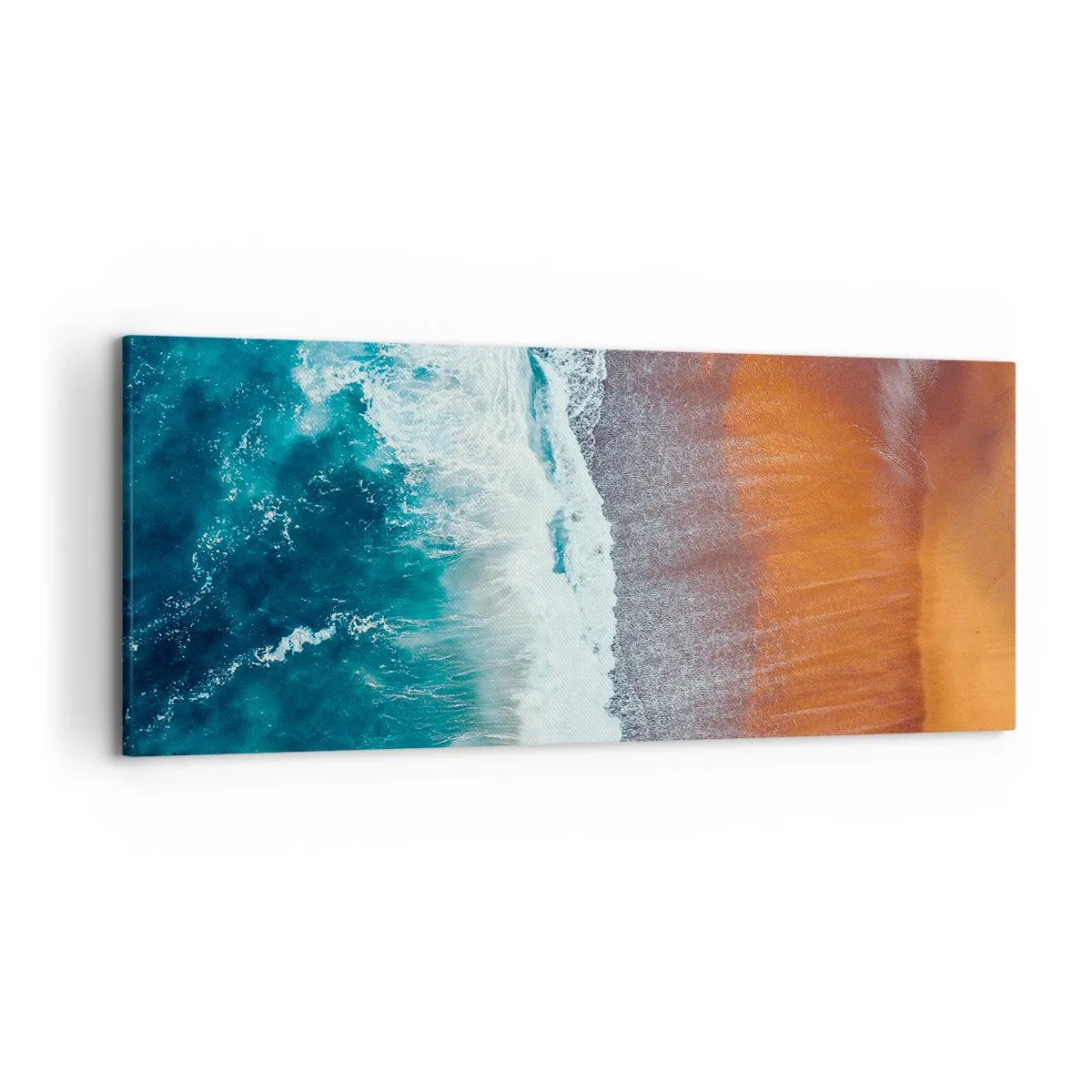 Bild auf Leinwand - Leinwandbild - Ein Blick auf die Meereswellen, die am goldenen Strand brechen - 120x50cm - Berührung des Ozeans - Moderne Wanddekoration für Wohnzimmer und Schlafzimmer ARTTOR