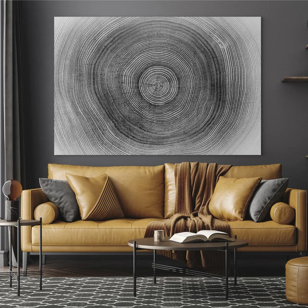 Glasbild - Bild auf glas - Konzentrische Linien von Baumringen, dargestellt in einer Schwarz-Weiß-Ästhetik - 70x50cm - Zeichen der Zeit - Moderne Wanddekoration für Wohnzimmer und Schlafzimmer ARTTOR
