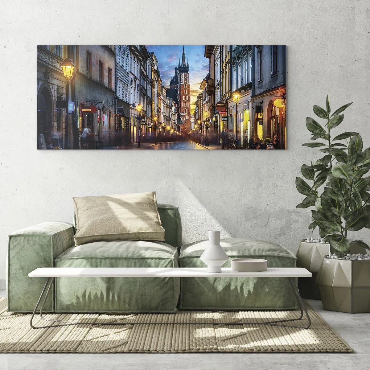 Glasbild - Bild auf glas - Abendliche Straße mit Blick auf die Krakauer Kathedrale - 140x50cm - Krakauer Charme - Moderne Wanddekoration für Wohnzimmer und Schlafzimmer ARTTOR