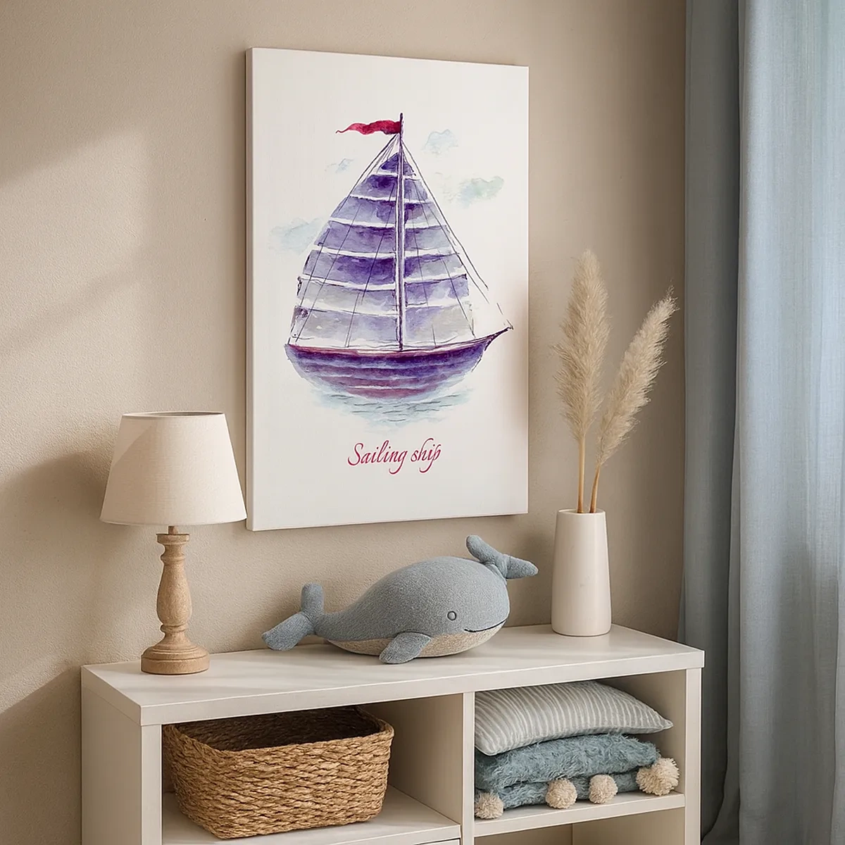 Bild auf Leinwand - Leinwandbild - Ein Aquarell eines Segelboots auf dem Wasser mit einer zarten Inschrift - 50x70cm - Volle Segel und ruhiges Wasser - Moderne Wanddekoration für Wohnzimmer und Schlafzimmer ARTTOR