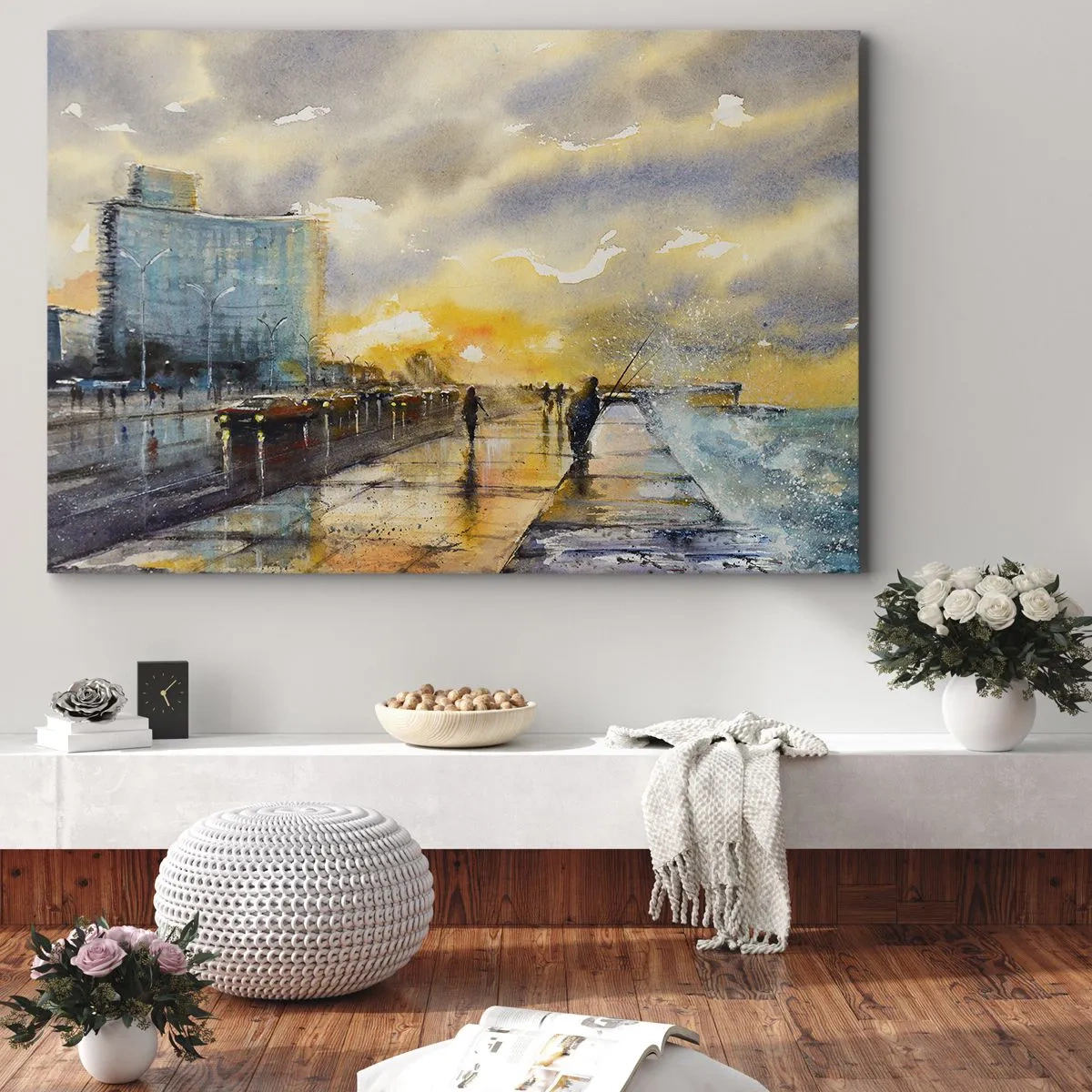 Bild auf Leinwand - Leinwandbild - Ein malerischer Blick auf die Strandpromenade bei Sonnenuntergang - 70x50cm - Leben am Ufer - Moderne Wanddekoration für Wohnzimmer und Schlafzimmer ARTTOR