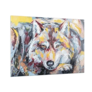 Glasbild - Bild auf glas - Farbenfrohes Wolfsportrait im expressionistischen Stil - 100x70cm - Seelenfrieden unter den Lieben - Moderne Wanddekoration für Wohnzimmer und Schlafzimmer ARTTOR