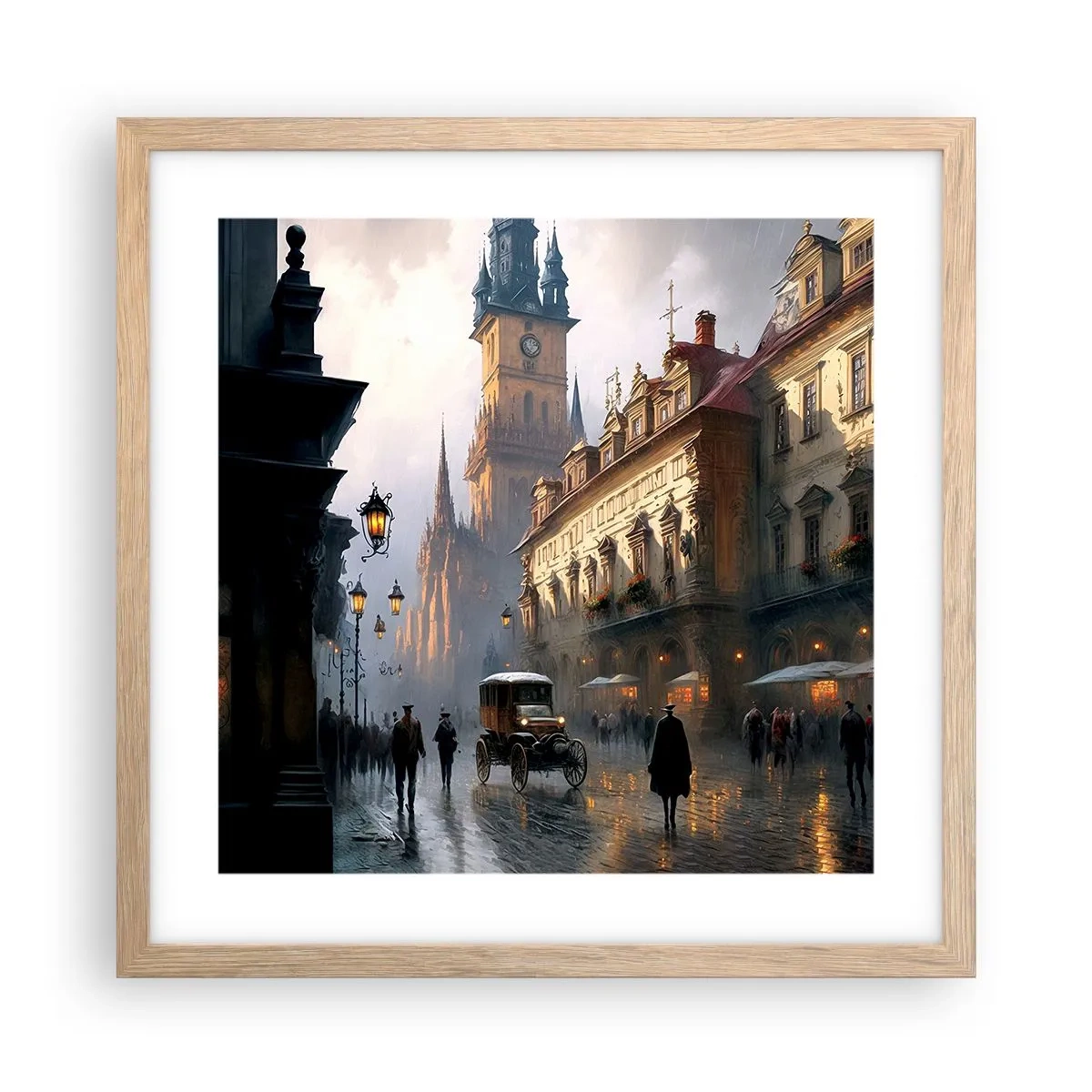 Poster in einem Rahmen aus heller Eiche - Charme eines Prager Abends - 40x40 cm