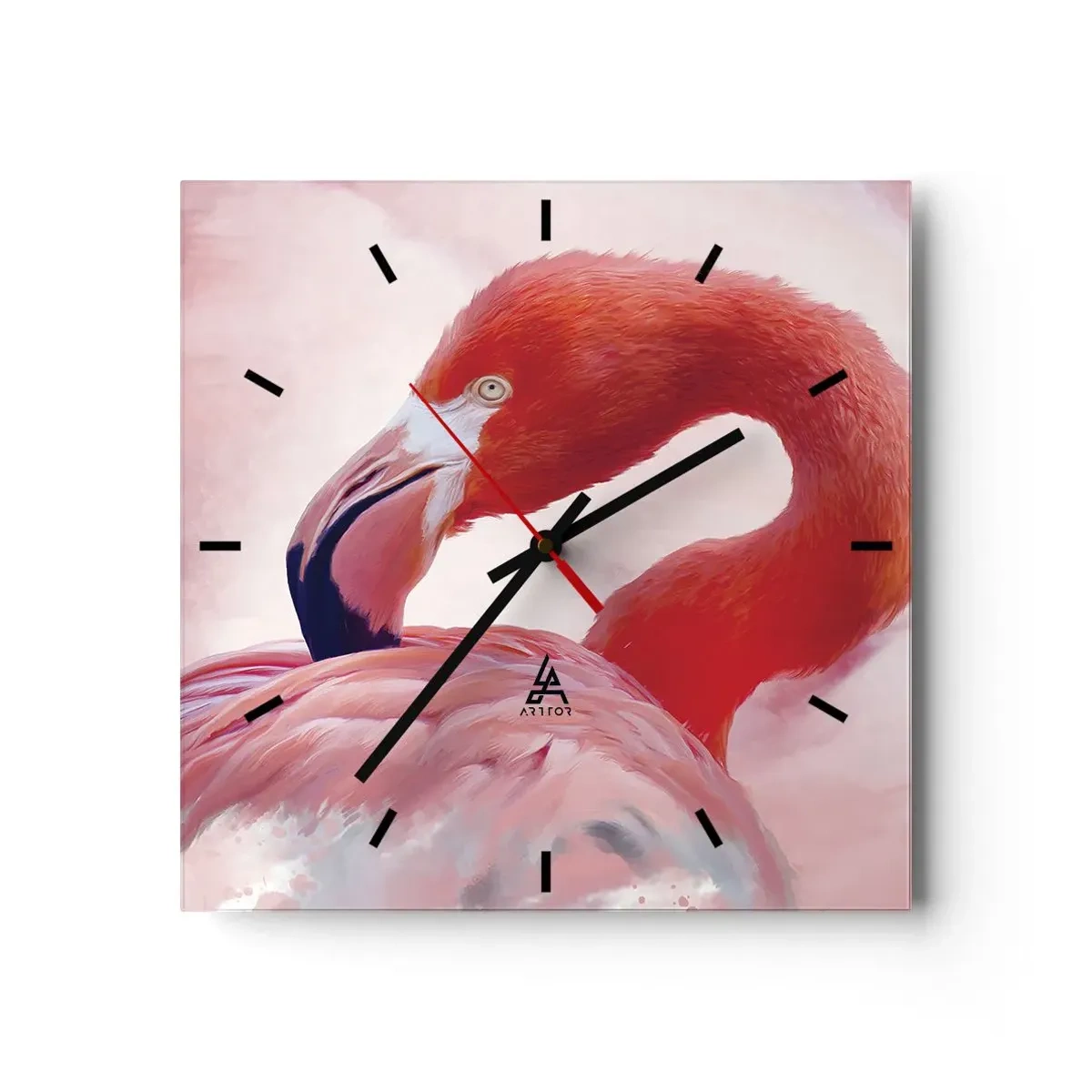 Wanduhr - Glasuhr - Ein Flamingo in Rosatönen auf hellem Hintergrund - 30x30cm - Vogel Schönheit - Moderne Wanddekoration für Wohnzimmer und Schlafzimmer ARTTOR