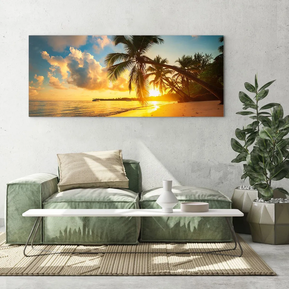 Glasbild - Bild auf glas - Sonnenuntergang am Strand mit Palmen an der Küste - 120x50cm - Karibischer Traum - Moderne Wanddekoration für Wohnzimmer und Schlafzimmer ARTTOR