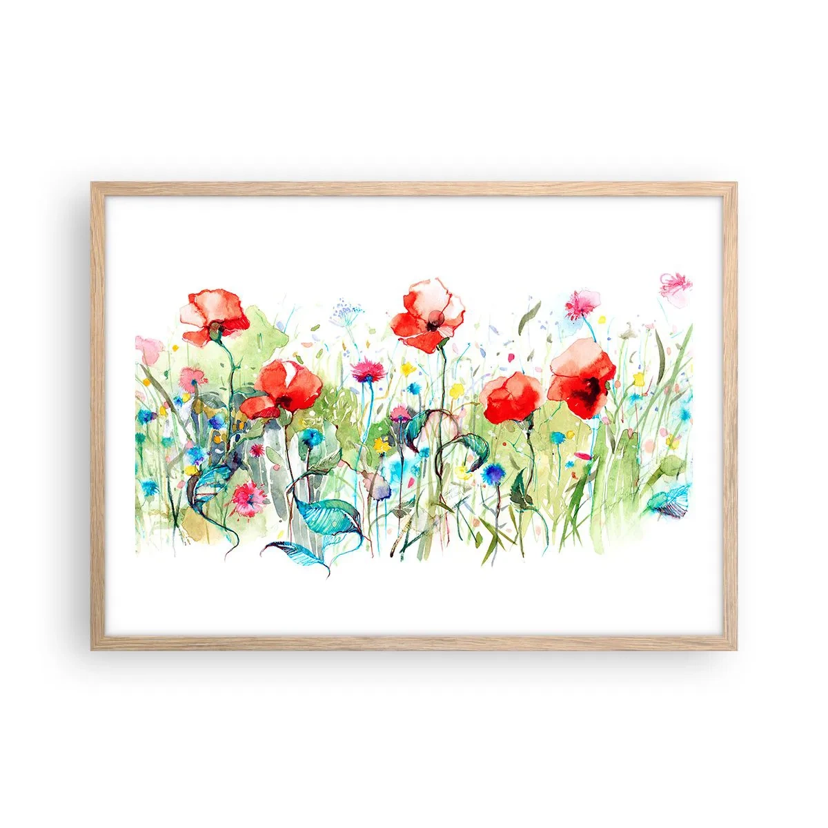 Poster in einem Rahmen aus heller Eiche - Blühende Maiwiese - 70x50 cm