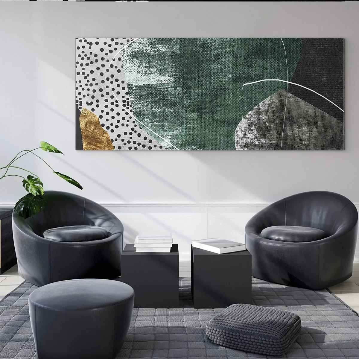 Glasbild - Bild auf glas - Abstrakte Komposition mit grünen Formen und Punktmustern - 140x50cm - Bunte Abstraktion mit Blattgold - Moderne Wanddekoration für Wohnzimmer und Schlafzimmer ARTTOR