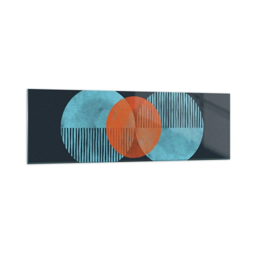 Glasbild - Bild auf glas - Geometrische Kreise in Blau- und Orangetönen - 160x50cm - Symmetrische Komposition - Moderne Wanddekoration für Wohnzimmer und Schlafzimmer ARTTOR