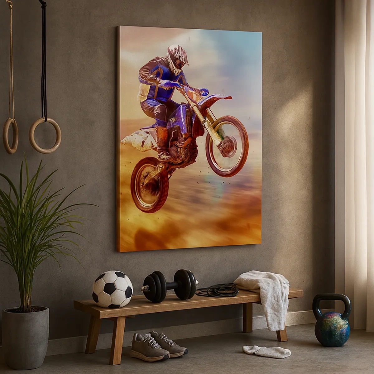Bild auf Leinwand - Leinwandbild - Ein Motorradfahrer im Flug während einer dynamischen Offroad-Fahrt - 50x70cm - Motorradschwindel - Moderne Wanddekoration für Wohnzimmer und Schlafzimmer ARTTOR