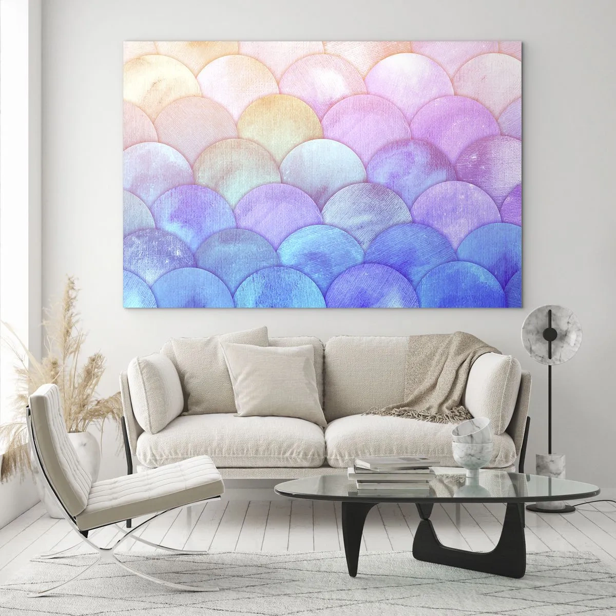 Glasbild - Bild auf glas - Perlenschuppen in Pastelltönen von Rosa, Blau und Lila - 70x50cm - Perlenschuppe - Moderne Wanddekoration für Wohnzimmer und Schlafzimmer ARTTOR