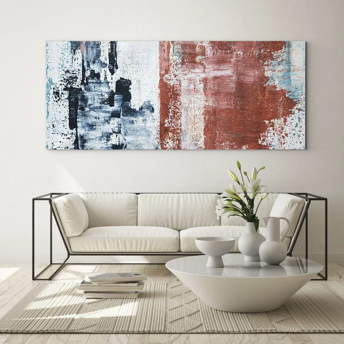 Glasbild - Bild auf glas - Abstraktion in Weiß-, Blau- und Ziegelfarben - 140x50cm - Fünfzig-Fünfzig abstrakt - Moderne Wanddekoration für Wohnzimmer und Schlafzimmer ARTTOR