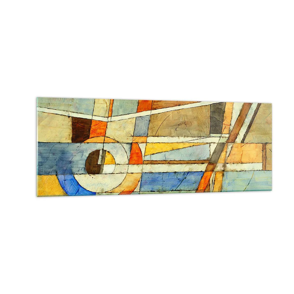 Glasbild - Bild auf glas - Geometrische Abstraktion in Beige-, Blau- und Orangetönen - 140x50cm - Kubismus auf der Baustelle - Moderne Wanddekoration für Wohnzimmer und Schlafzimmer ARTTOR