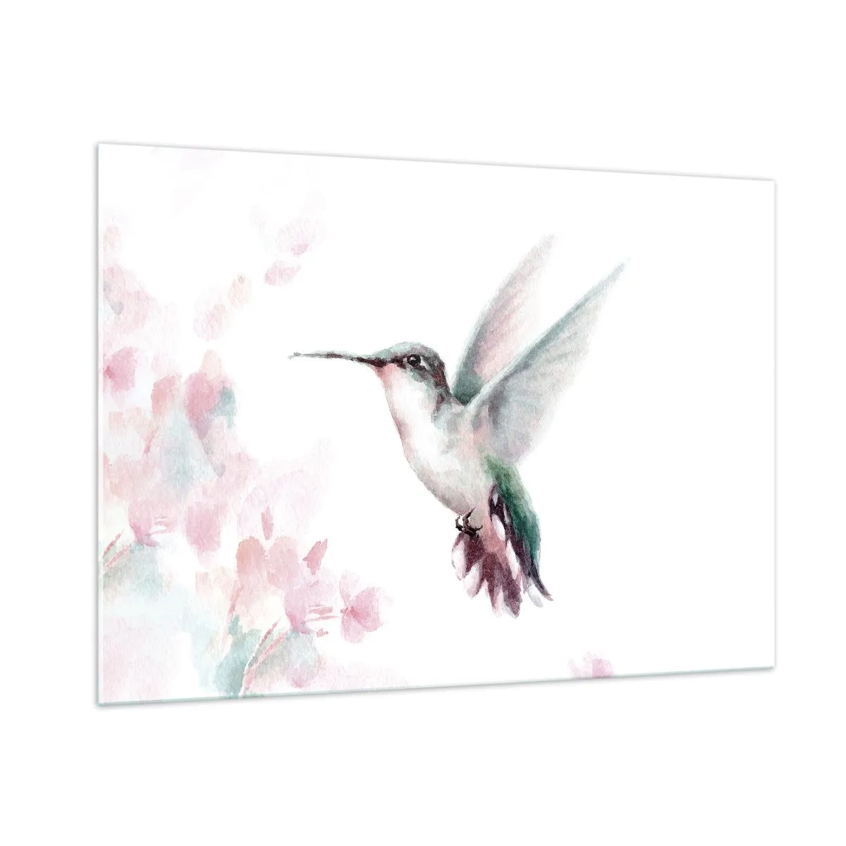 Glasbild - Bild auf glas - Bunter Kolibri in zartem Aquarell - 100x70cm - Im Flattern gehalten - Moderne Wanddekoration für Wohnzimmer und Schlafzimmer ARTTOR