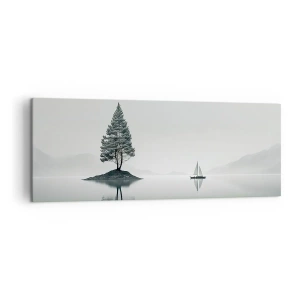 Bild auf Leinwand - Leinwandbild - Eine minimalistische Landschaft mit einem Baum auf einer Insel und einem Segelboot. - 140x50cm - Traum - Moderne Wanddekoration für Wohnzimmer und Schlafzimmer ARTTOR