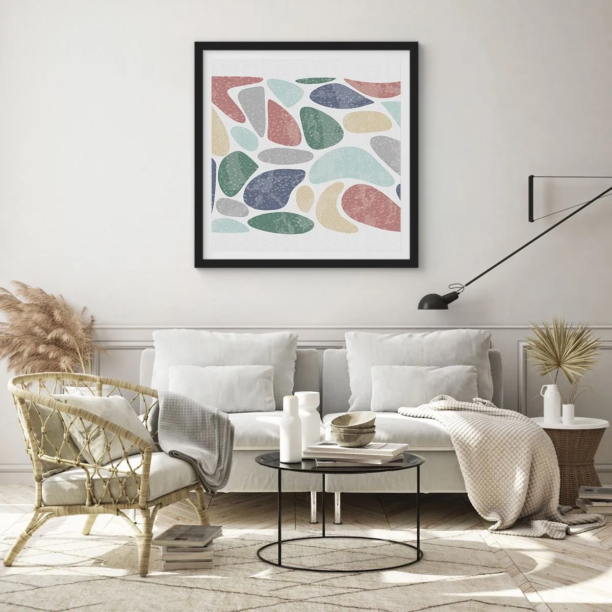 Poster in einem schwarzem Rahmen - Mosaik aus pulverförmigen Farben - 30x30 cm