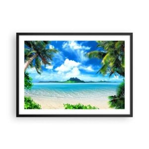 Poster in einem schwarzem Rahmen - Tropischer Strand mit Palmen und Blick auf die Insel - 70x50cm - Das Azurblau der Tropen - Moderne Wanddekoration für Wohnzimmer und Schlafzimmer ARTTOR