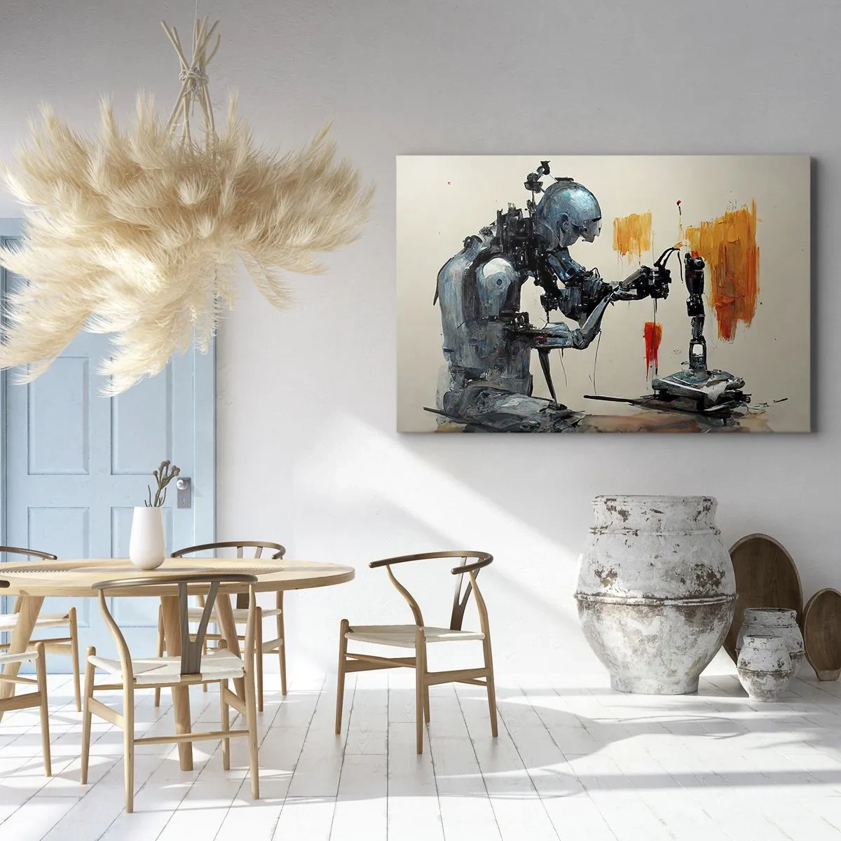 Bild auf Leinwand - Leinwandbild - Roboter bei der Arbeit mit abstraktem Hintergrund - 100x70cm - Schon morgen… - Moderne Wanddekoration für Wohnzimmer und Schlafzimmer ARTTOR