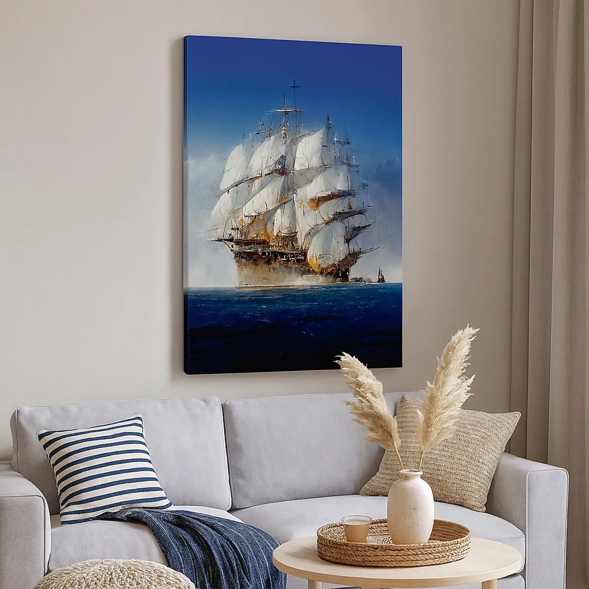 Bild auf Leinwand - Leinwandbild - Ein Segelschiff auf offener See unter blauem Himmel - 50x70cm - Der große Ruhm! - Moderne Wanddekoration für Wohnzimmer und Schlafzimmer ARTTOR