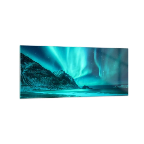 Glasbild - Bild auf glas - Aurora Borealis über einer bergigen Winterlandschaft - 120x50cm - Wunder des Nordens - Moderne Wanddekoration für Wohnzimmer und Schlafzimmer ARTTOR