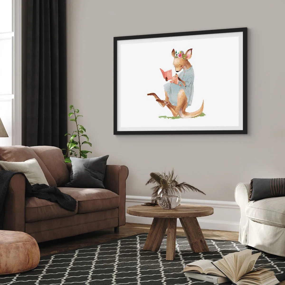Poster in einem schwarzem Rahmen - Kanga liest mit einem Baby ein Buch - 70x50cm - Lies mir vor Mama - Moderne Wanddekoration für Wohnzimmer und Schlafzimmer ARTTOR