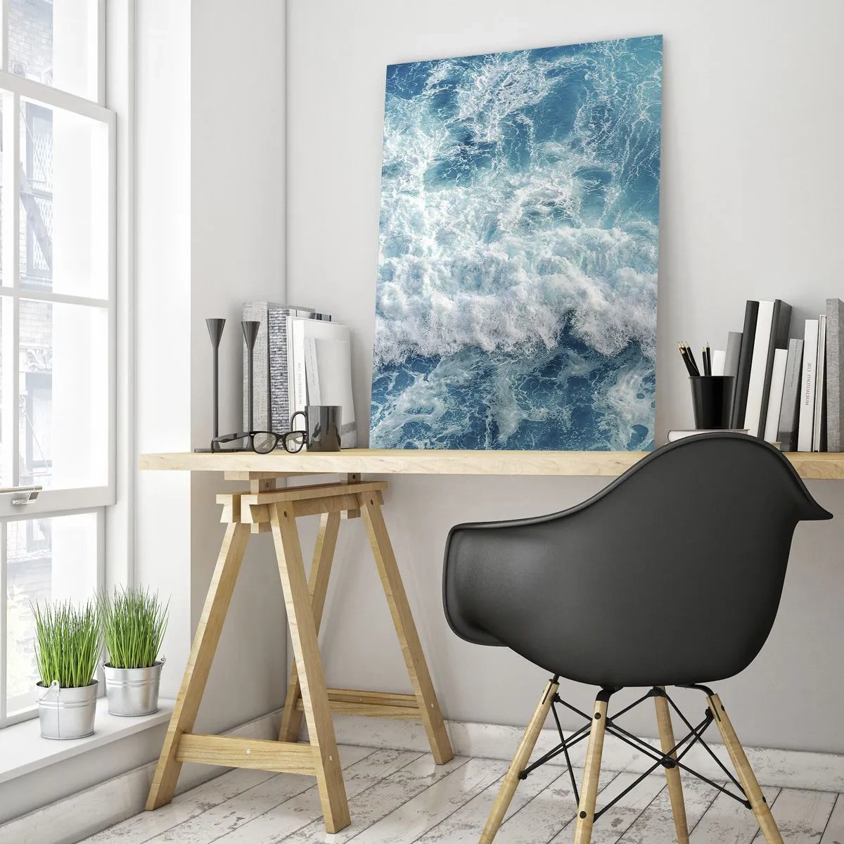 Glasbild - Bild auf glas - Blaue Wellen brechen an der Küste - 50x70cm - Freudig und springend - Moderne Wanddekoration für Wohnzimmer und Schlafzimmer ARTTOR