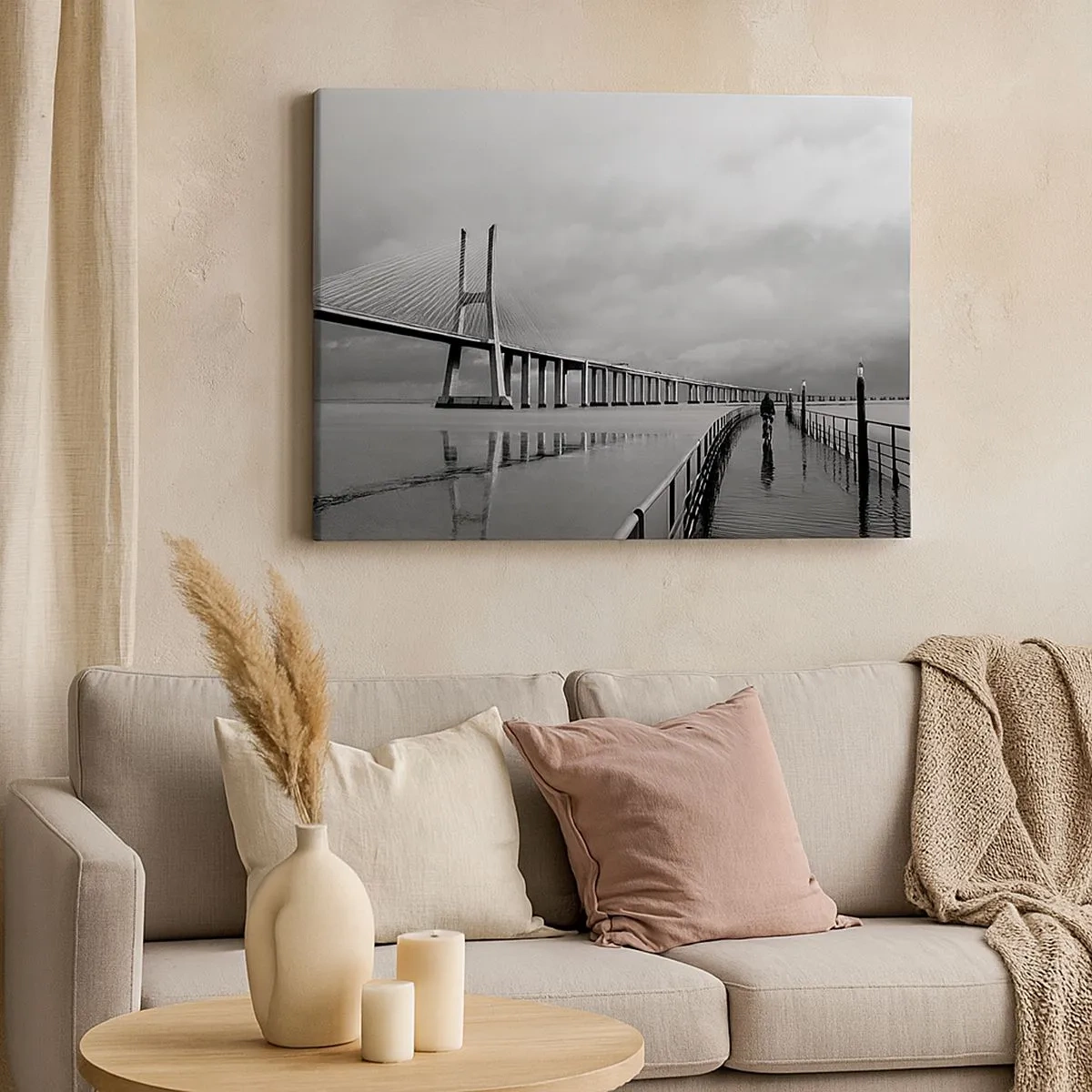 Bild auf Leinwand - Leinwandbild - Eine Hängebrücke über dem Wasser in Schwarz und Weiß - 70x50cm - Jedem das Verdiente - Moderne Wanddekoration für Wohnzimmer und Schlafzimmer ARTTOR