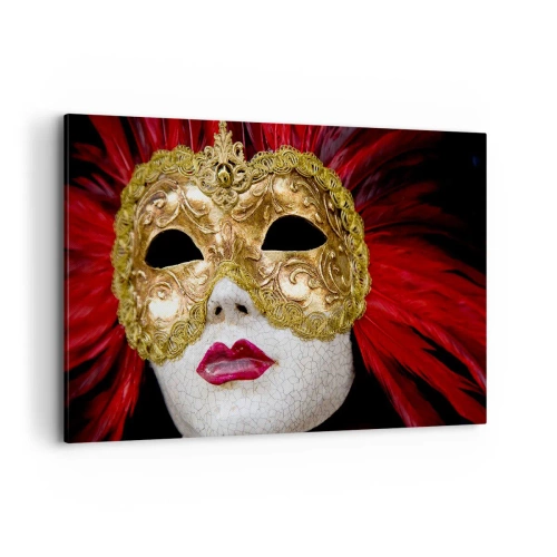 Bild auf Leinwand - Leinwandbild - Goldene venezianische Maske mit roten Federn - 120x80cm - Das Versprechen eines Karnevalsabenteuers - Moderne Wanddekoration für Wohnzimmer und Schlafzimmer ARTTOR