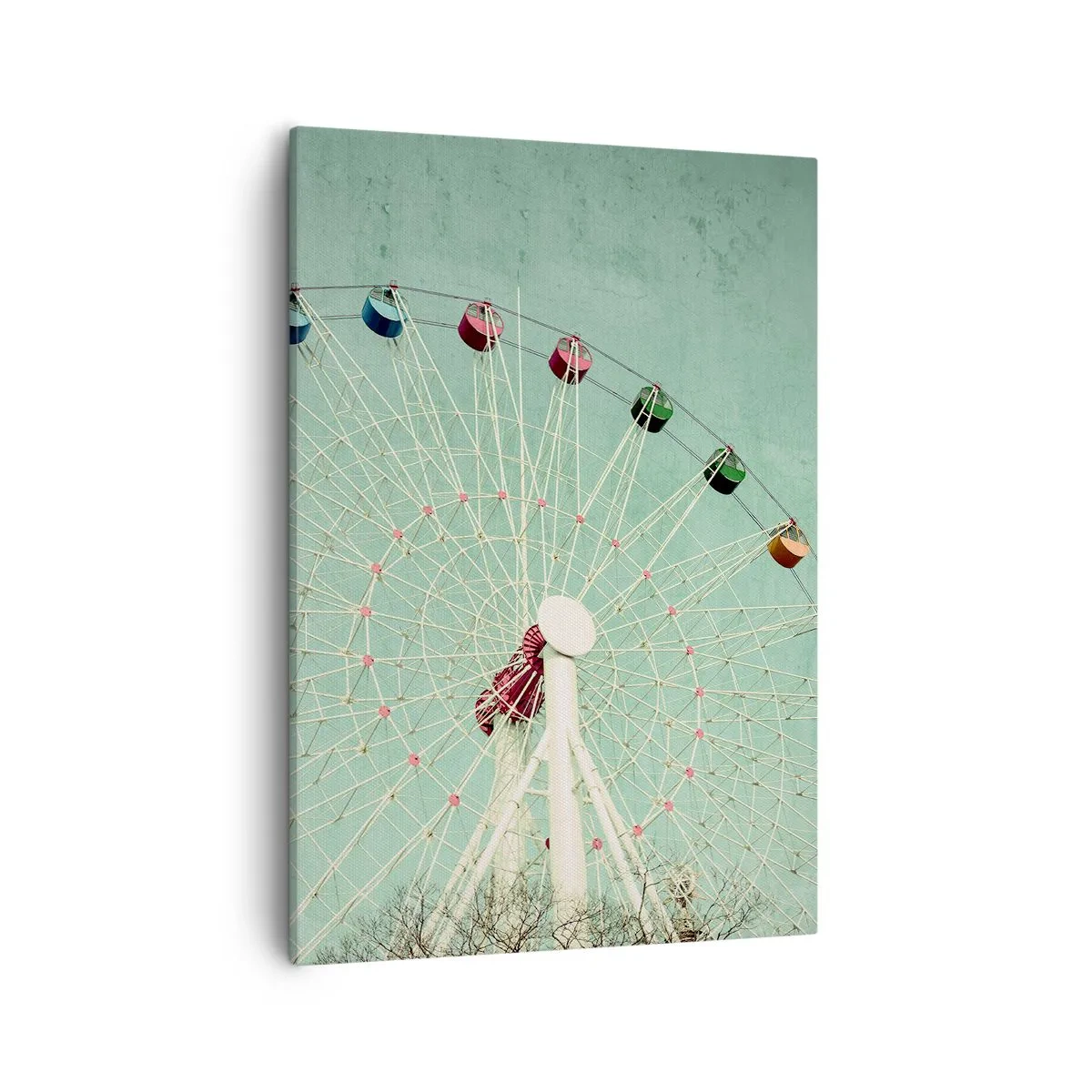 Bild auf Leinwand - Leinwandbild - Ein buntes Riesenrad vor blauem Himmel im Retro-Stil - 50x70cm - Wir laden zum Spiel ein - Moderne Wanddekoration für Wohnzimmer und Schlafzimmer ARTTOR